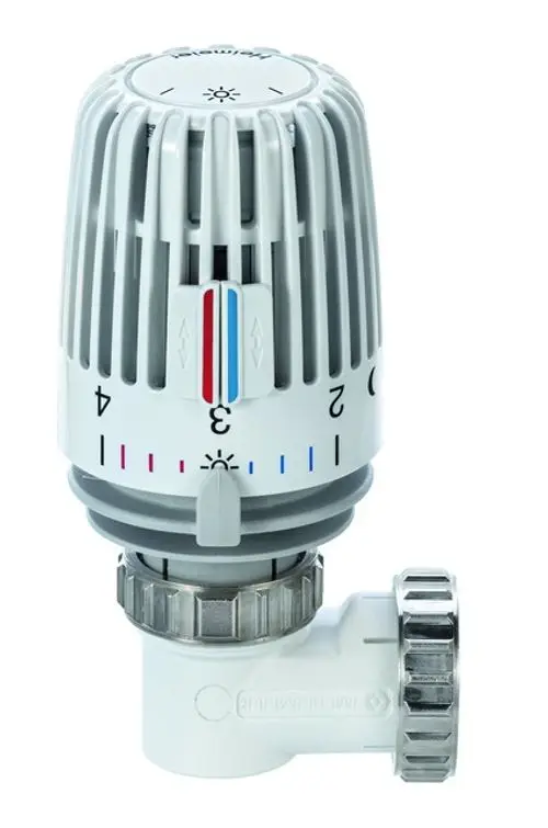 Thermostatkopf mit Winkelform von IMI Hydronic Engineering, mit Skala zur Temperatureinstellung, montiert auf einem Heizungsventil.